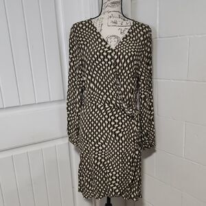 Time and Tru, Olive, Brown and Cream Long-Sleeve Wrap-Style Dress Size Large NWT